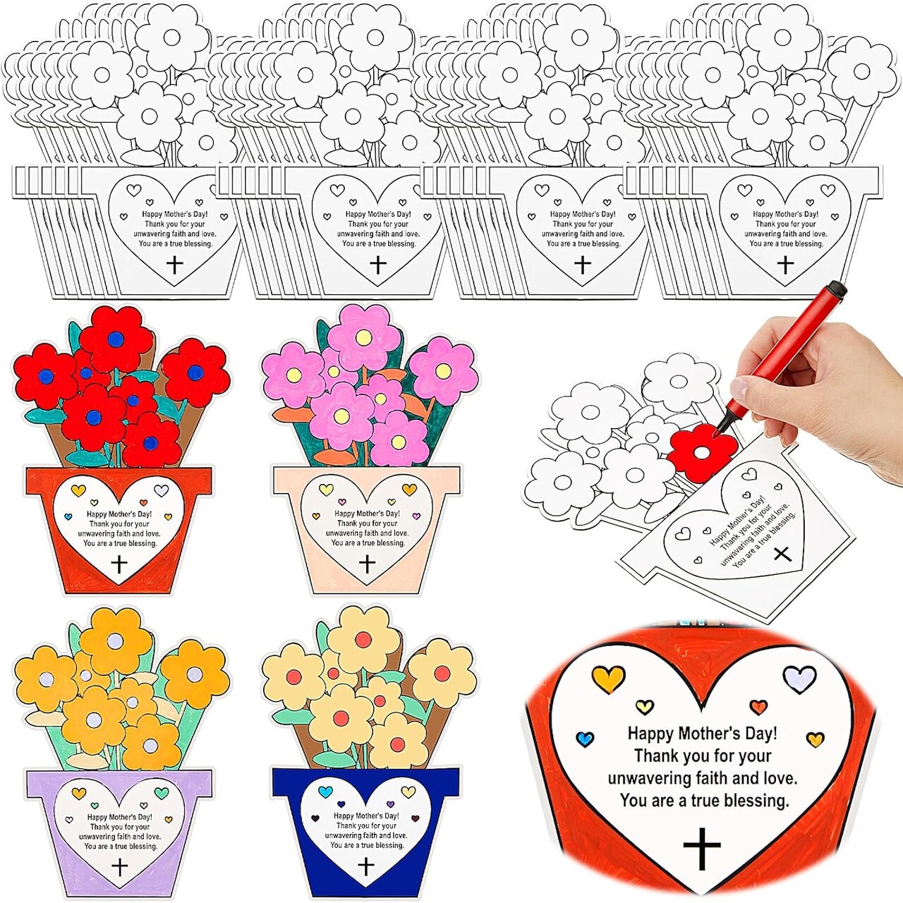 Mother’s Day Card Making Kit – 24 DIY Color Your Own Flower Pot Cards, Religious & Holiday Crafts for Kids, Sunday School, Home, and Family Activities